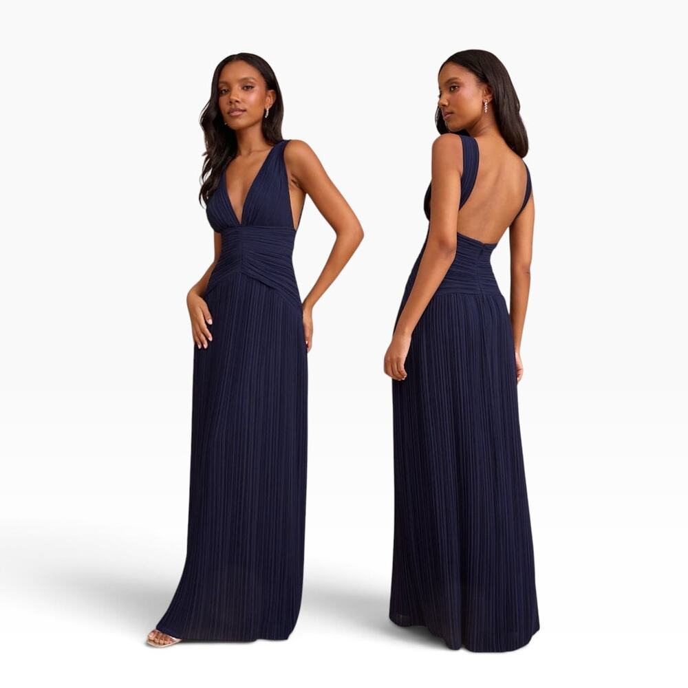 Lulus Kelina Navy Blue Pleated Drop Waist Maxi Dress size L NWT